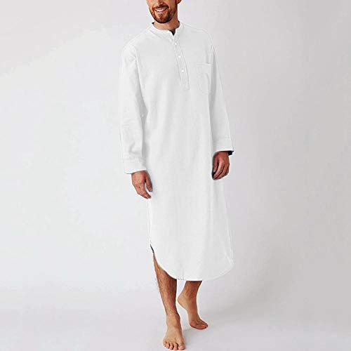 Baumwolle Herren Schlafroben Einfarbig Langarm Nachthemd O-Ausschnitt Freizeit Herren Bademäntel Komfort Homewear Plus Size-Weiß_XXL von APWY