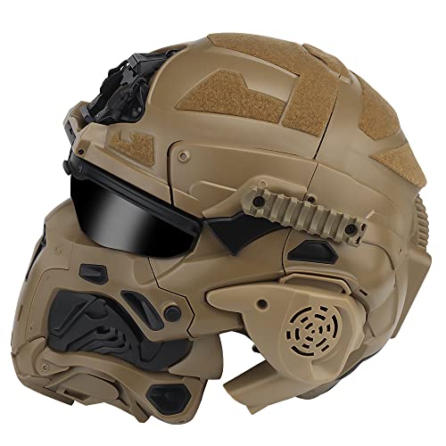 AQ zxdc Taktischer Schutz-Integralhelm, mit Maske, Headset, Brille, Nebellüfter, für Airsoft Paintball,Beige von AQ zxdc