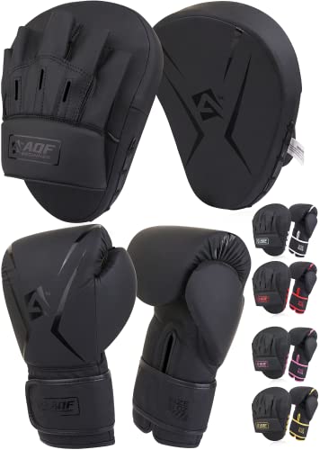 AQF Boxhandschuhe und Pads – Erwachsene & Kinder Boxset für Kickboxen & MMA Muay Thai Boxhandschuh mit gebogenen Boxpads für Kampfsporttraining (schwarz, 170 g) von AQF