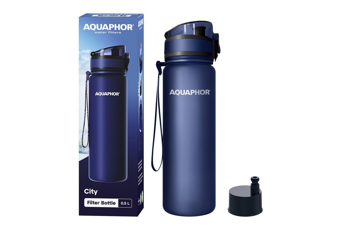 AQUAPHOR Trinkflasche CITY Flasche mit Wasserfilter für unterwegs, 500ml. I, Filter mit Aktivkohle I Aus Tritan & BPA-frei I navy von AQUAPHOR