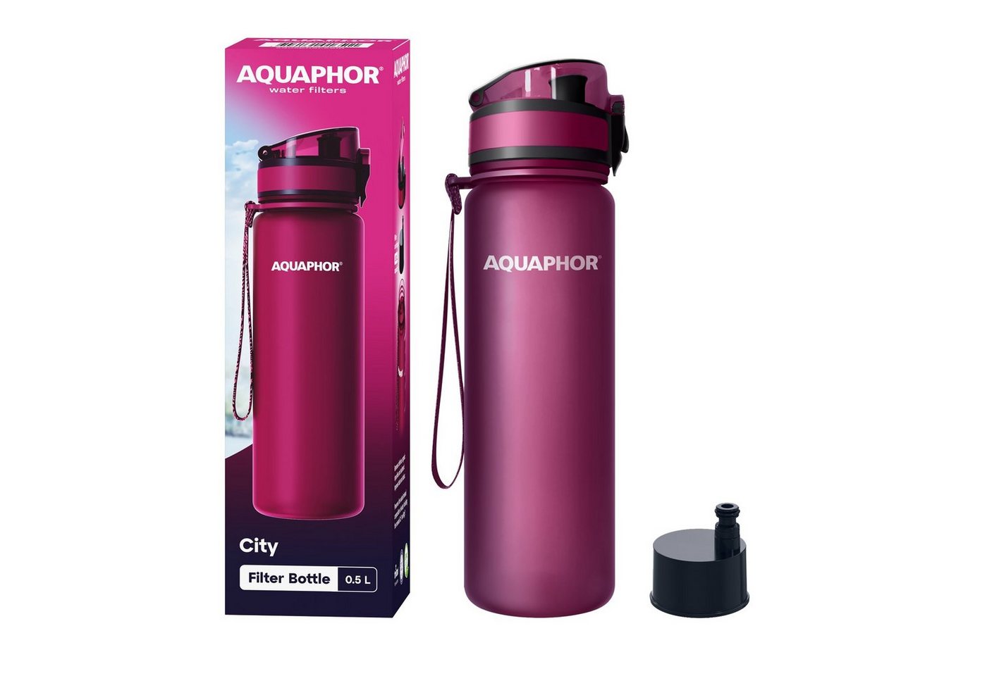 AQUAPHOR Trinkflasche CITY Flasche mit Wasserfilter für unterwegs, 500ml. I, Filter mit Aktivkohle I Aus Tritan & BPA-frei I rubin von AQUAPHOR