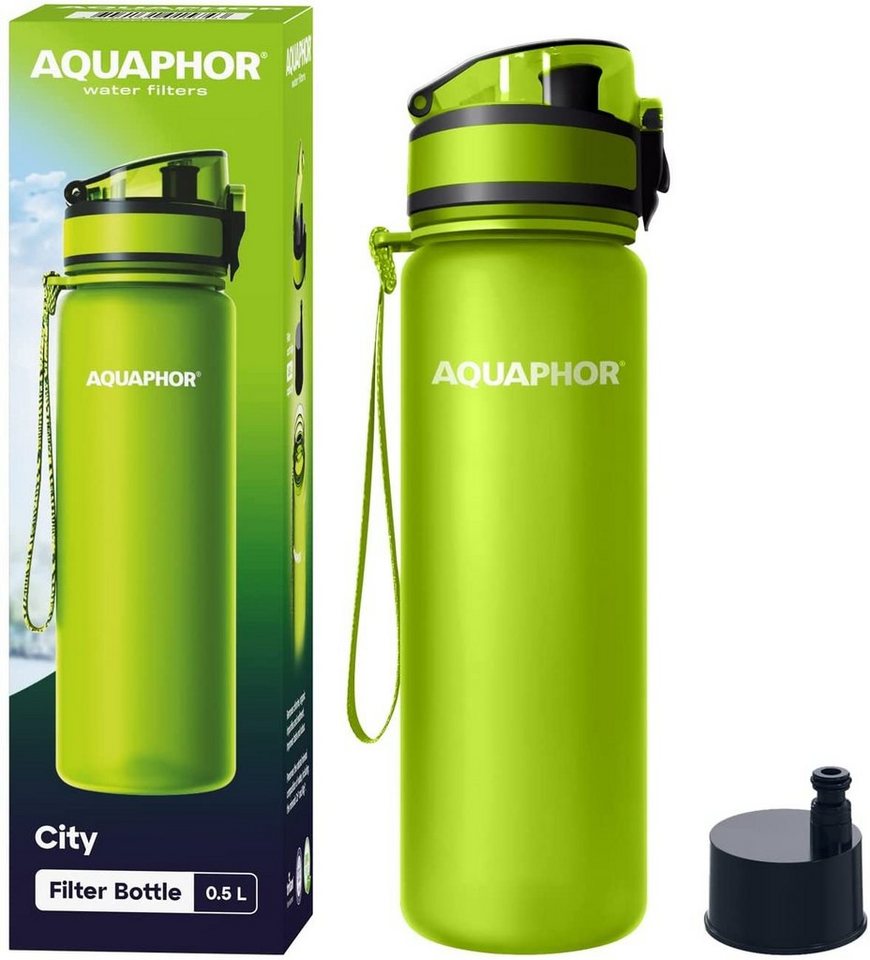 AQUAPHOR Trinkflasche CITY Flasche mit Wasserfilter für unterwegs, 500ml. I Filter mit Aktivkohle I Aus Tritan & BPA-frei, Farbe: lime von AQUAPHOR