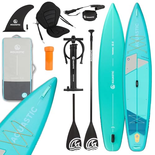 AQUASTIC Touring 12'6" SUP Board Set – Komplettset: 2X 2in1 Paddel, 2 Kajaksitze, Leash, Pumpe, Rucksack, Drop Stitch Lite+, 381x76 cm, 165 kg, Touring, leicht & robust, für Lange Touren von AQUASTIC
