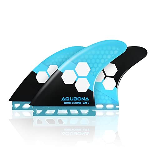 AQUBONA Große (AM2) Flossen-Sets mit Wabenstruktur aus Fiberglas Performance Surfboard Flossen – Single Tab oder Twin Tab Surfboards - mit Finentasche Schlüsselschraube (blau) von AQUBONA