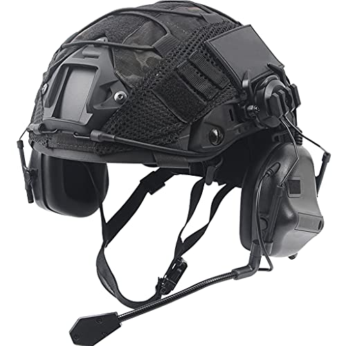 AQzxdc Fast Helm Set, Army Kampf Zubehör mit Tactical Headset und Helmüberzug, für Airsoft Paintball Outdoor Jagd,Schwarz,L von AQzxdc