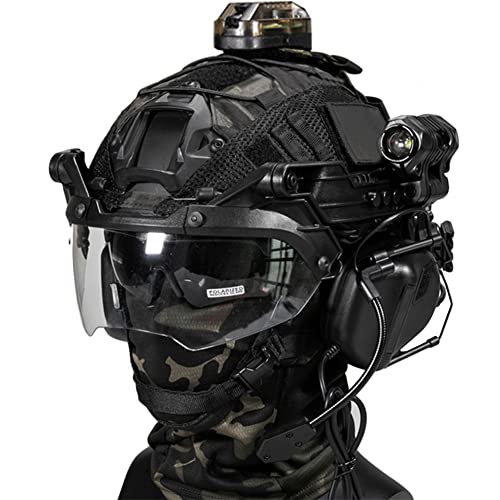 AQzxdc Fast Paintball Helm Sätze, mit Taktischem Headset und Teleskop-Modell, Visier & Schutzbrille, Taschenlampe, Signalblinker, NVG Halterung, für Airsoft Schießen und Jagd Spiel BBS,Bk c von AQzxdc