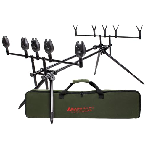 Arapaima Fishing Equipment Rod Pod Set Riverbank | Angeln Rutenhalter | Aluminium Rutenauflage für 4 Angelruten | Tragetasche | V-Auflagen | Bissanzeiger - Schwarz von Arapaima Fishing Equipment