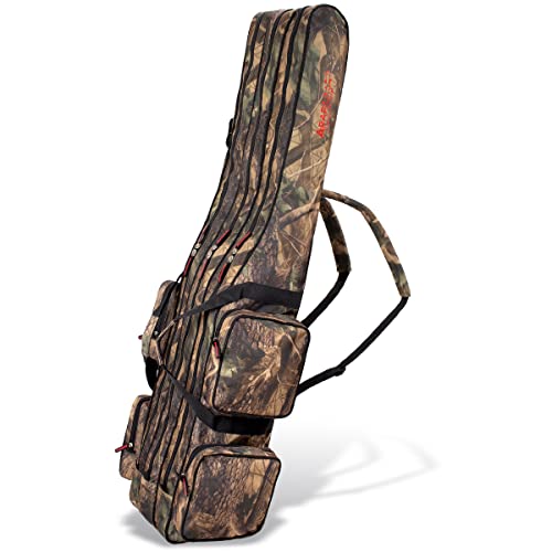 Arapaima Fishing Equipment® Rutentasche für 4, 6 oder 8 Angelruten | Angeltasche | Angelrucksack für Angelausrüstung (Camouflage 3 Innenfächer, 210 cm) von ARAPAIMA FISHING EQUIPMENT