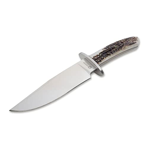 ARBOLITO Böker Esculta Hirschhorn - feststehendes Jagmesser mit Leder-Scheide - Outdoor Jagd-Messer mit Hirschhorn Griff - großes Gürtelmesser mit feststehender N695 Klinge von ARBOLITO