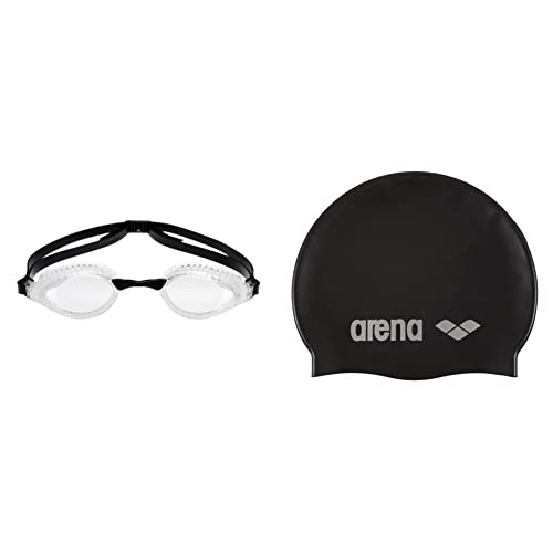 ARENA Air-Speed Anti-Fog Wettkampf Schwimmbrille Unisex für Erwachsene, Schwimmbrille mit breiten Gläsern, UV-Schutz, 3 austauschbare Nasenstege & Unisex Badekappe Classic Silikon, Black-Silver (55) von ARENA