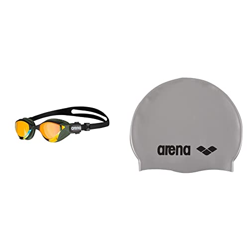 ARENA Unisex – Erwachsene Cobra Tri Swipe Brillen, Yellow Copper-Army, One Size & ARENA Unisex – Erwachsene Classic Silicone Badekappe, Silver-Black (51), NS von ARENA