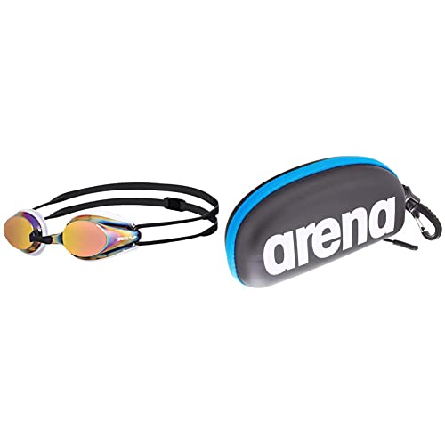 ARENA Tracks Mirror Anti-Fog Wettkampf Schwimmbrille Unisex für Erwachsene, UV-Schutz, 4 Austauschbare Nasenstege, Silikon Dichtungen & Unisex Schwimmbrillenetui, Schwarz/Weiß/Royal, Einheitsgröße von ARENA