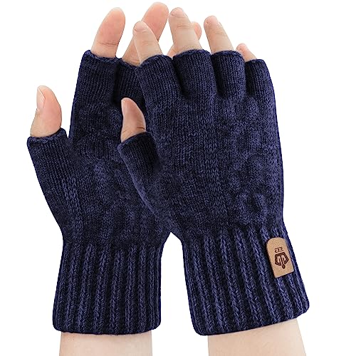 ARFNKIM Thermisch Fingerlose Handschuhe - Damen und Herren Strick Weich Flauschig Touchscreen Winterhandschuhe für Skifahren Radfahren Arbeit (Dunkelblau) von ARFNKIM