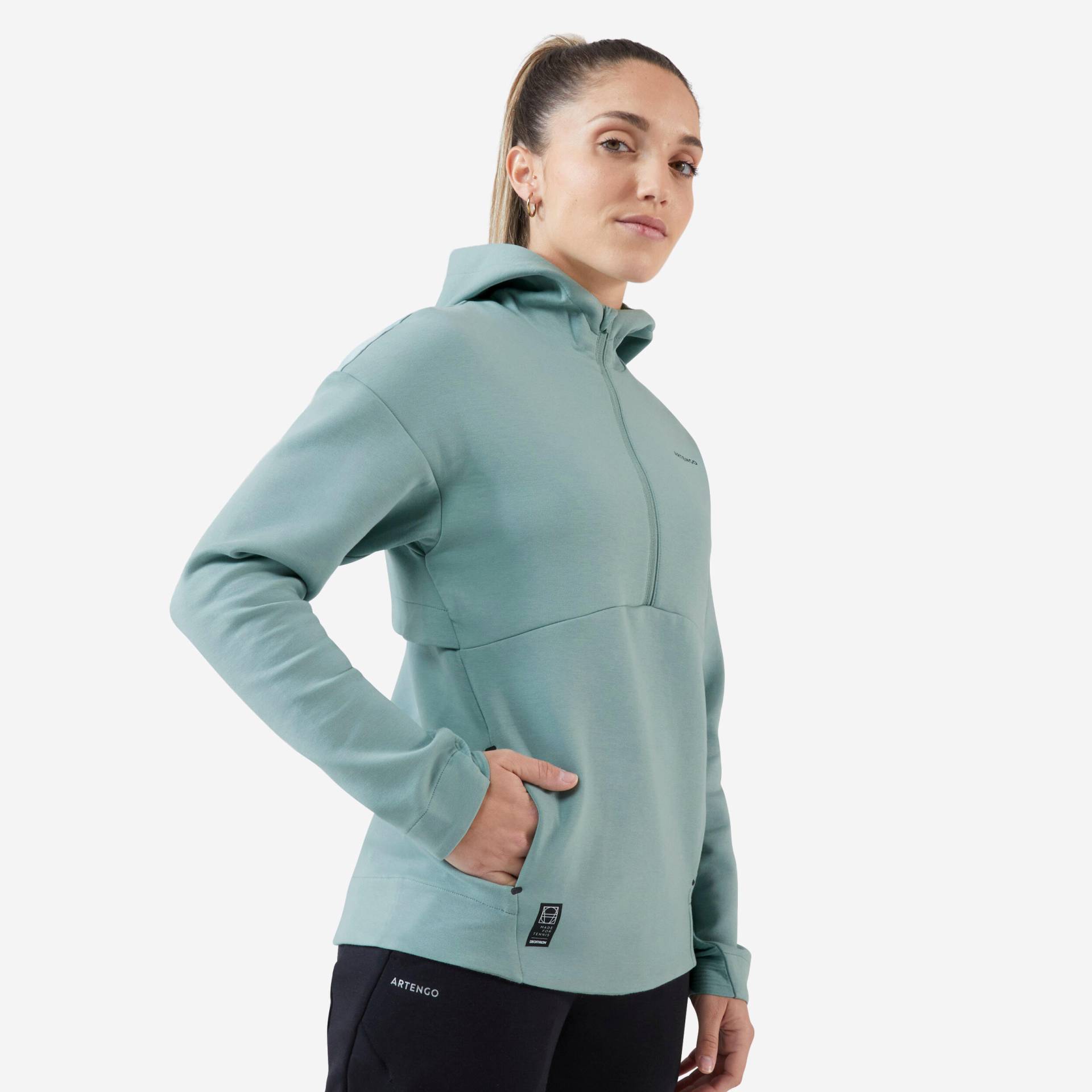 Damen Tennis Sweatshirt Kapuze - Dry 900 graugrün von ARTENGO