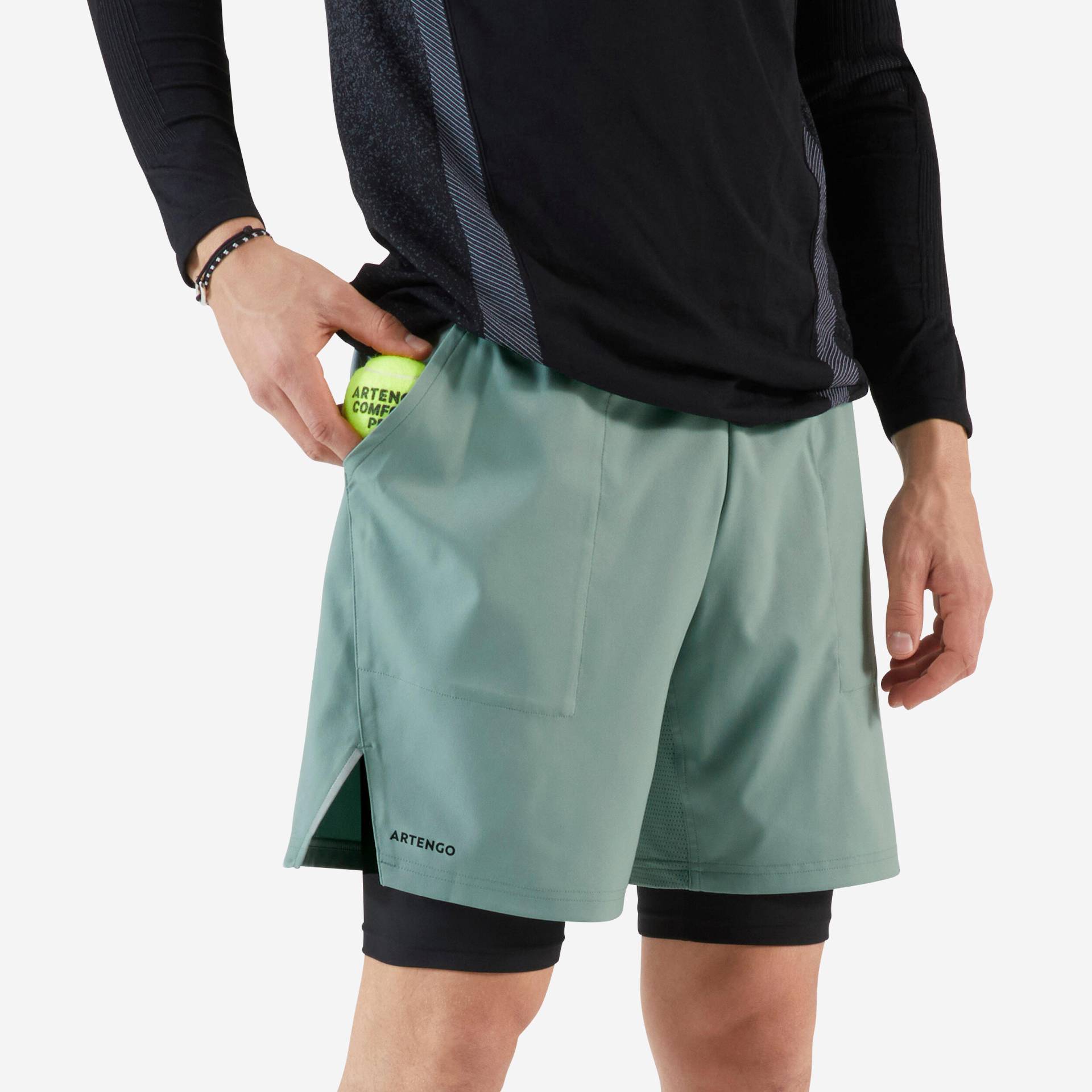 Herren Tennisshorts mit Radlerhose 2-in-1 - Thermic graugrün/schwarz von ARTENGO