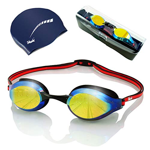 ARiety Profi Schwimmbrille mit Badekappe im Triathlon Set - Wettkampf Schwimmerbrille zum Training oder Freizeit - Anti-Fog - 100% UV-Schutz - verspiegelte Gläser von ARiety