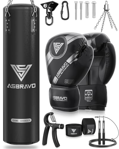 ASBRAVO Boxsack für Erwachsene, 4ft PU schweren Boxsack Set 12OZ Handschuhe für MMA Muay Thai Kickboxen Training Home Gym, Kampfsport (ungefüllt)-Schwarz von ASBRAVO