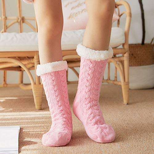 asdas Slipper-Socken für Damen, mit Greifern, rutschfest, flauschige Socken, gedrehtes Pink, rutschfeste Socken, für den Innenbereich, Tiere, dick, griffig, warme Fleece-Socken, rutschfeste Socken, von ASDAS
