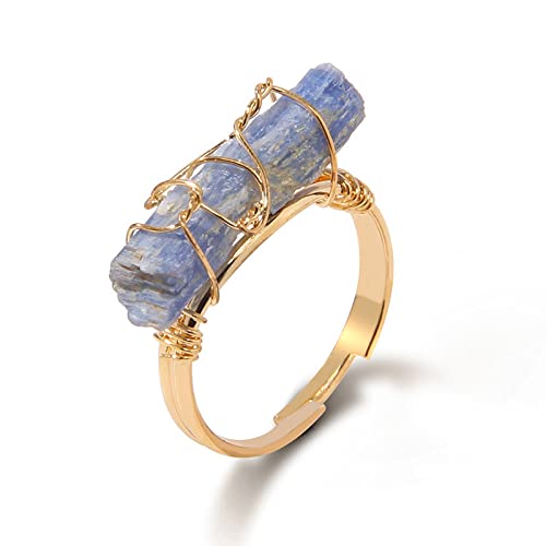 ASDFY Natürlicher Blauer Kyanit-Ring, Unregelmäßiger Kristall-Drahtwickelring, Verstellbar, Offene Steinringe, Reiki-Balance, Knöchel-Fingerringe, Ewigkeitsring Für Frauen, Mädchen, Männer von ASDFY