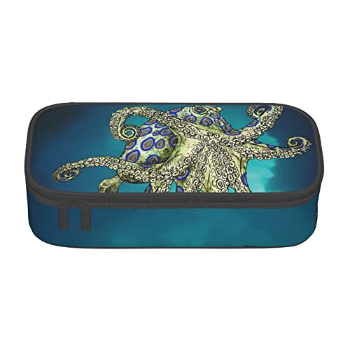 ASEELO Federmäppchen mit Ringel, Oktopus, großes Fassungsvermögen, für Stifte, große Aufbewahrung, strapazierfähig, 3 Fächer, Blau von ASEELO