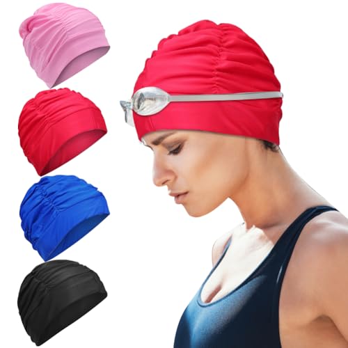 ASIEIT Badekappe for Damen, Plissierte Badekappen, Badehüte for langes Haar (rot) von ASIEIT