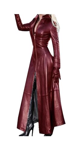 ASIYAN Damen Kunstleder Jacke Langarm Knopfleiste Oversized Reverskragen PU Leder Mantel Vintage Oberbekleidung Lederjacke Kunstlederjacke (Color : Wine red, Size : XL) von ASIYAN