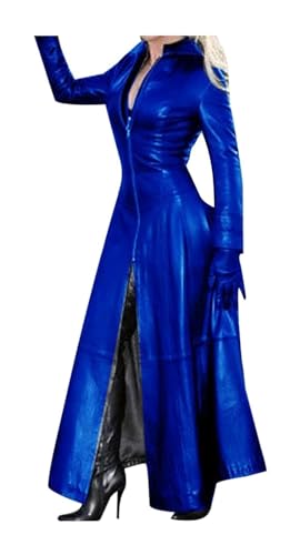 ASIYAN Damen Leder Langarm Jacke Kleid Voller Reißverschluss Leder Lange Jacke Mäntel Mode Reverskragen Outwear Lederjacke Kunstlederjacke (Color : Blue, Size : 3XL) von ASIYAN