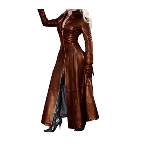 ASIYAN PVC Leder Mantel Lange Jacke Damen Elegante Slim Fit Stil Wasserabweisender Trenchcoat Lederjacke Kunstlederjacke (Color : Brown, Size : 3XL) von ASIYAN