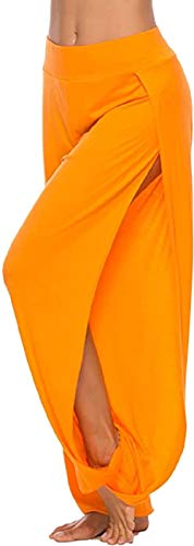 ASKSA Damen Hochschlitzige Haremshose Frauen Hippie Split Sport Hose Fitness Stretchhose Loose Fit Yogahose Sporthose (Orange, XL) von ASKSA