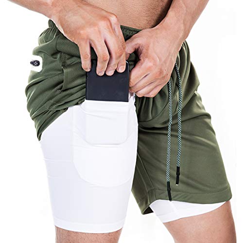 ASKSA Herren 2 in 1 Shorts Laufshorts Dual Kurze Sporthose Männer Fitness Laufhose Sport Hosen Trainingshose (Armeegrün,L) von ASKSA