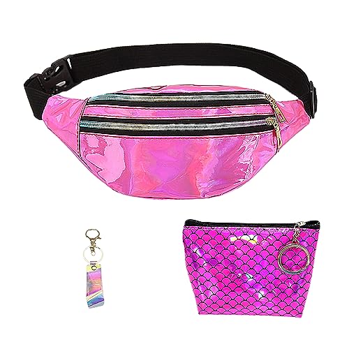 1 rosa holografische Hüfttasche, 1 Null Geldbörse, 1 Schlüsselanhänger, multifunktionale Crossbody Brusttasche, modische Ledersporttasche, passend für Reisen, Outdoor-Sportarten, etc von ATBUSS