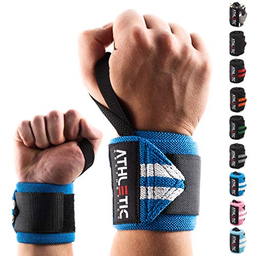 Handgelenkbandage [2er Set] in45 cm Länge +Grundübungs Guide - Wrist Wrapsfürs Krafttraining, Bodybuilding, Crossfit und Fitness - Handgelenkbandagen für Frauen und Männer geeignet - ATHLETIC AESTHETICS (45 cm Blau) von ATHLETIC AESTHETICS