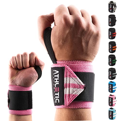 ATHLETIC AESTHETICS Handgelenk Bandagen Fitness - Wrist Wrap (45 cm im Paar) Handgelenkbandage für Krafttraining, Fitness, Bodybuilding, Crossfit - Handgelenkstütze mit Übungsguide als PDF (Pink-Weiß) von ATHLETIC AESTHETICS