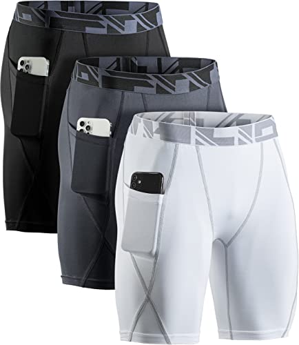 ATHLIO Herren Athletic Cool Dry Kompressionsshorts, Sport Performance Active Running Tights, Side Pocket 3pack Black/Charcoal/White, Large von ATHLIO