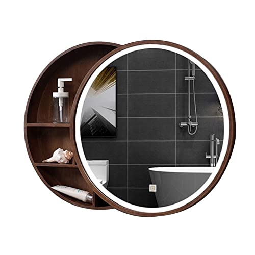 ATHUAH Schiebe Spiegelschrank Runder Spiegel Massivholz Intelligentes Antibeschlag-Schließfach mit hellem Toiletten-Kosmetikspiegel (Farbe: Walnuss, Größe: 70 cm/27,6 Zoll) von ATHUAH