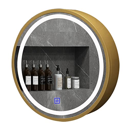 ATHUAH Spiegel-Medizinschrank, Aufbewahrungsschrank aus Holz, 50/60/70 cm, runder Spiegelschrank mit hellem Regal, Toiletten-Kosmetikspiegel (Farbe: Gold, Größe: 70 cm/27,5 Zoll) von ATHUAH