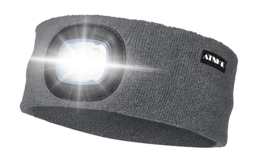 ATNKE LED Beleuchtetes Stirnband, Wiederaufladbare USB Lauf Stirnbänder mit Licht Extrem Heller 4 LED Lampe Winter Warme Stirnlampe für Herren und Damen Geschenke/Gun Gray von ATNKE