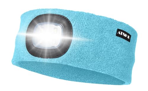 ATNKE LED Beleuchtetes Stirnband, Wiederaufladbare USB Lauf Stirnbänder mit Licht Extrem Heller 4 LED Lampe Winter Warme Stirnlampe für Herren und Damen Geschenke/Light Blue von ATNKE