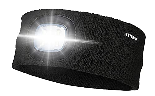 ATNKE LED Beleuchtetes Stirnband, Wiederaufladbare USB Lauf Stirnbänder mit Licht Extrem Heller 4 LED Lampe Winter Warme Stirnlampe für Herren und Damen Geschenke/Schwarz von ATNKE