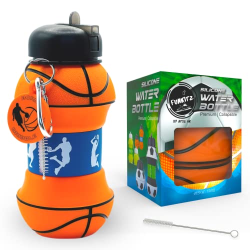 Kinder Basketball Wasserflasche – Sport-Wasserflasche für Kinder – Faltbare Silikon-Trinkflasche für Kinder – BPA-frei, auslaufsicher, Strohhalm-Reiniger, langlebig – 550 ml, Jungen von AToZ Essentials UK