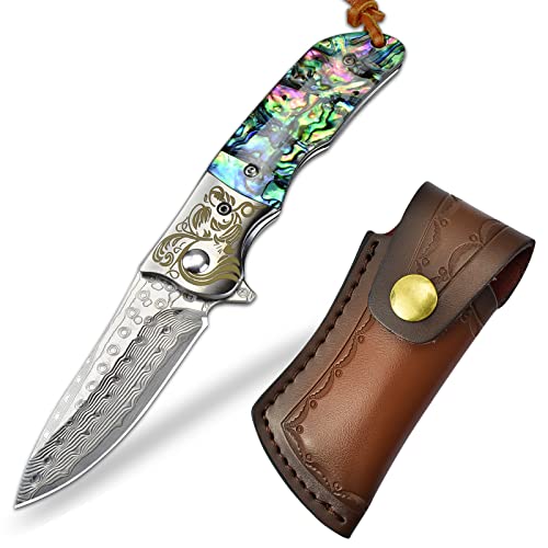 AUBEY Damast Taschenmesser mit Abalone Griff, EDC Messer Klappmesser Outdoor, Einhandmesser Damastmesser Japanisches Angelmesser Geschenk - Klingenlänge: 7 cm von AUBEY