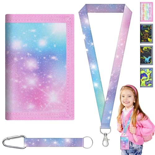 AUNGCSHE Kinder Portemonnaie Mädchen, Rosa Sternenhimmel Brieftasche Alter 4-12 Trifold Mit Schlüsselband, Weihnachten Geburtstag von AUNGCSHE