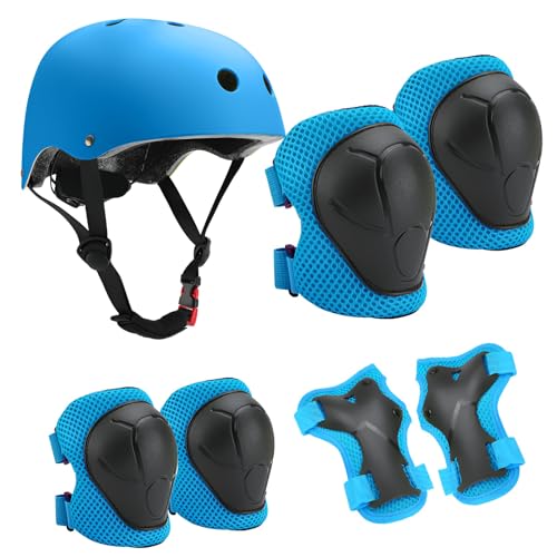 AUSYIWI Fahrradhelm Kindersicherheitshelm 7-teiliges Set mit verstellbaren Knie-, Ellenbogen- und Handgelenkschonern, Fahrradhelm zum Skaten, Radfahren, Rollerfahren (blau) von AUSYIWI