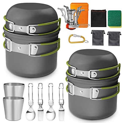 AUTOPkio Camping Kochgeschirr Set für 2 Personen, 18-Teilig Camping Töpfe Aluminium Camping Kochtopf mit Gaskocher, Edelstahl Besteck Becher für Outdoor Picknick, BBQ, Wandern, Kochen von AUTOPkio