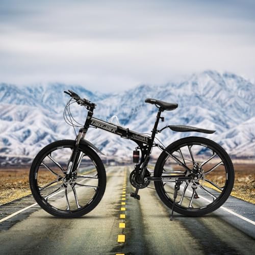 AUYART 26 Zoll Klappfahrrad 21-Gang Mountainbike (mit Doppelscheibenbremsen, Getriebe) höhenverstellbar Unisex Erwachsene Fahrrad MTB Faltrad schwarz-weißer Mix von AUYART