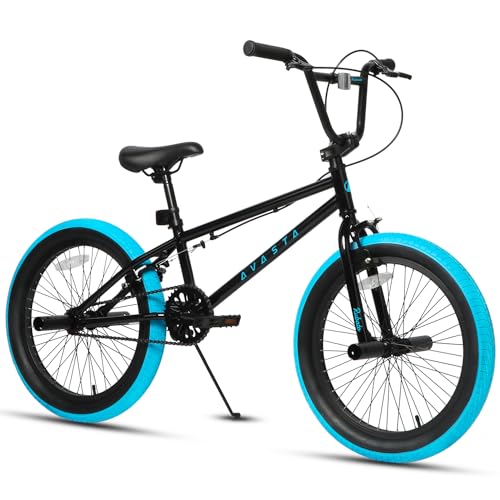AVASTA 20 Zoll Freestyle Jugend BMX Fahrrad Kinder Fahrrad für 6 7 8 9 10 11 12 13 14 Jahre alt Jungen Mädchen Junge Erwachsene und Anfänger-Level-Fahrer mit 4 Peg, Schwarz mit blauen Reifen von AVASTA