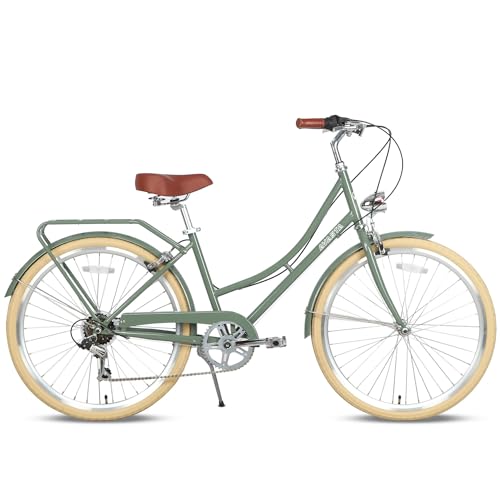 AVASTA Road Hybrid Bike für Frauen, leichtes Step Throught 26 Zoll Aluminiumrahmen City Commuter Comfort Fahrrad, 6-Gang Schaltung, Farbe Grün mit Beige Reifen von AVASTA