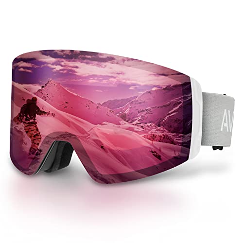 AVAWAY Skibrille Snowboard Brille für Damen Herren Zylinder Verspiegelt Magnet-Wechselsystem OTG UV-Schutz Anti Fog Linse von AVAWAY