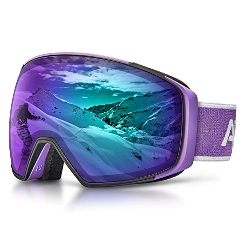 AVAWAY Skibrille Snowboard Brille für Damen Herren Zylinder Verspiegelt Magnet-Wechselsystem OTG UV-Schutz Anti Fog Linse von AVAWAY