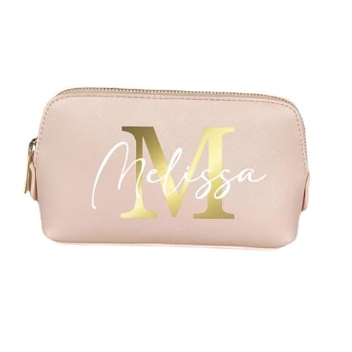 AWASG Kosmetiktasche Buchstabe Monogramm - Personalisiert mit Name - Schminktasche Beauty Bag für Make-up - Kunstleder M (18x11x4.5 cm) (rosa) von AWASG